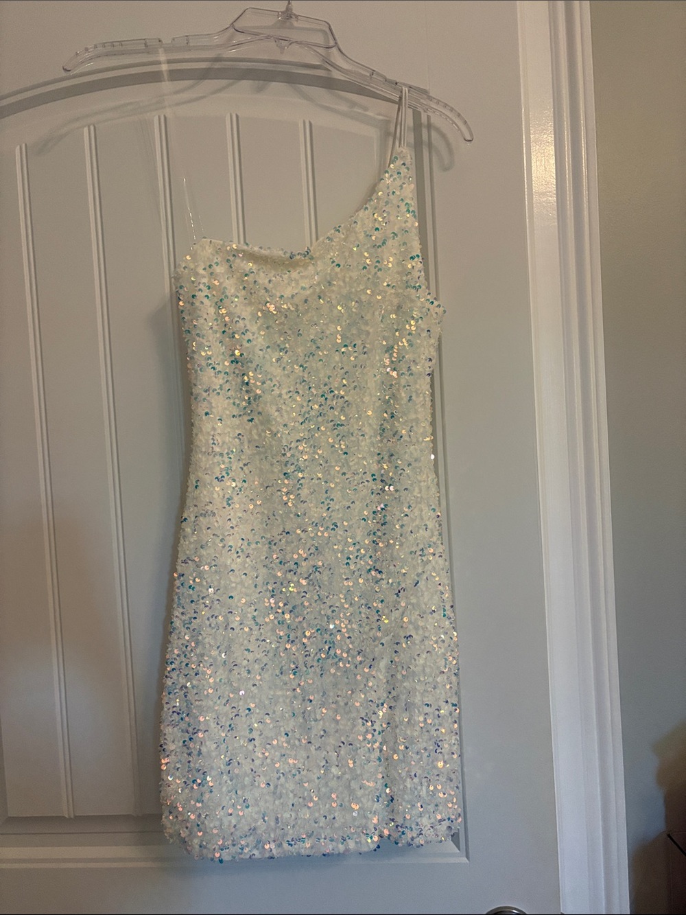 Sparkle One-Shoulder Mini Dress in Iridescent White
